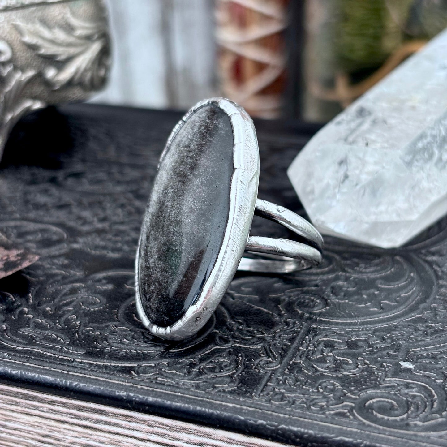 Silver Sheen Obsidian Crystal Ring Fine Silver Size 9 / Foxlark Collection - One of a Kind