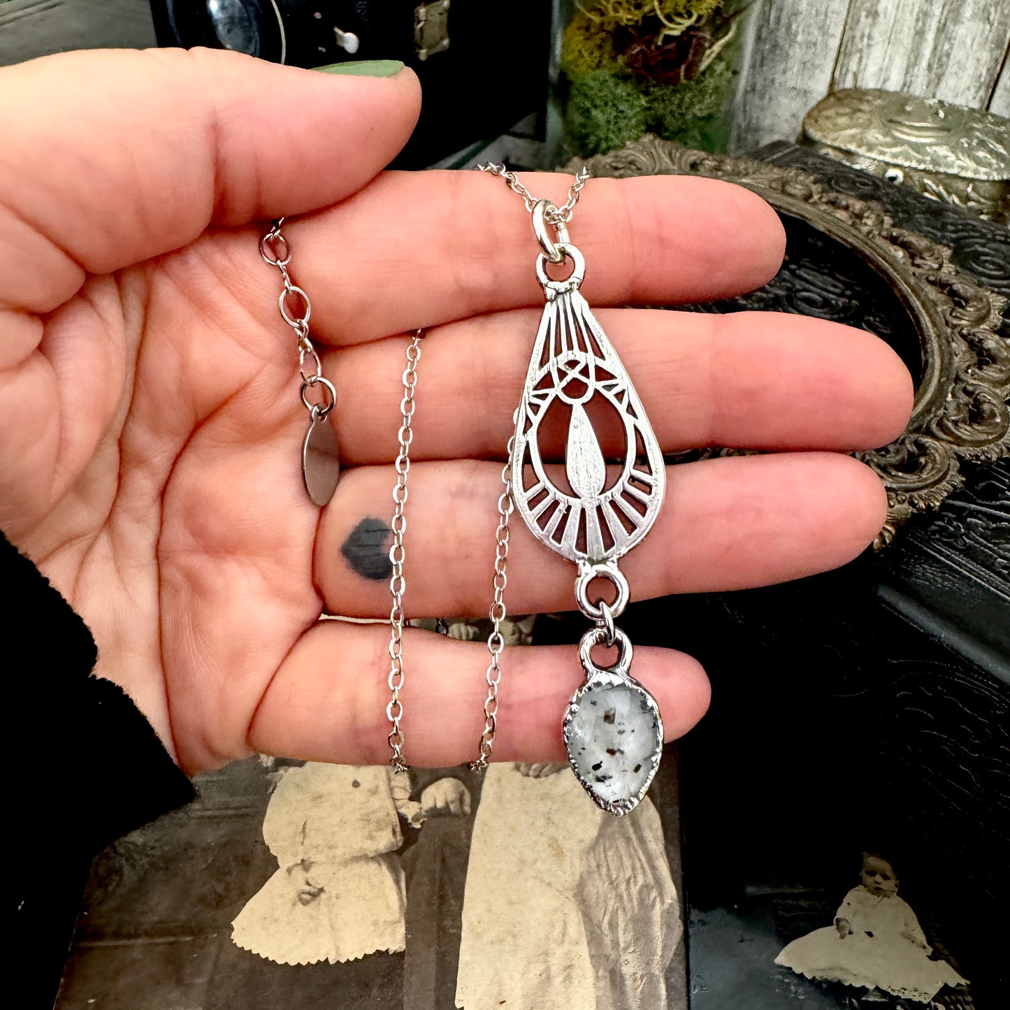 Graphite Infused Quartz Charm Necklace in Fine Silver / Foxlark Collection - One of a Kind
