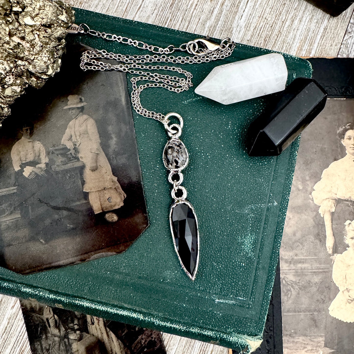 Multi Stone Graphite Included Quarts and Black Onyx Charm Necklace in Fine Silver / Foxlark Collection FOXLARK