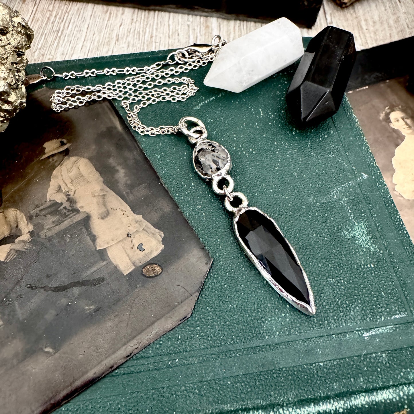 Multi Stone Graphite Included Quarts and Black Onyx Charm Necklace in Fine Silver / Foxlark Collection FOXLARK