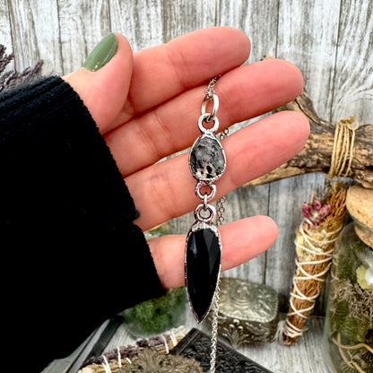 Multi Stone Graphite Included Quarts and Black Onyx Charm Necklace in Fine Silver / Foxlark Collection FOXLARK