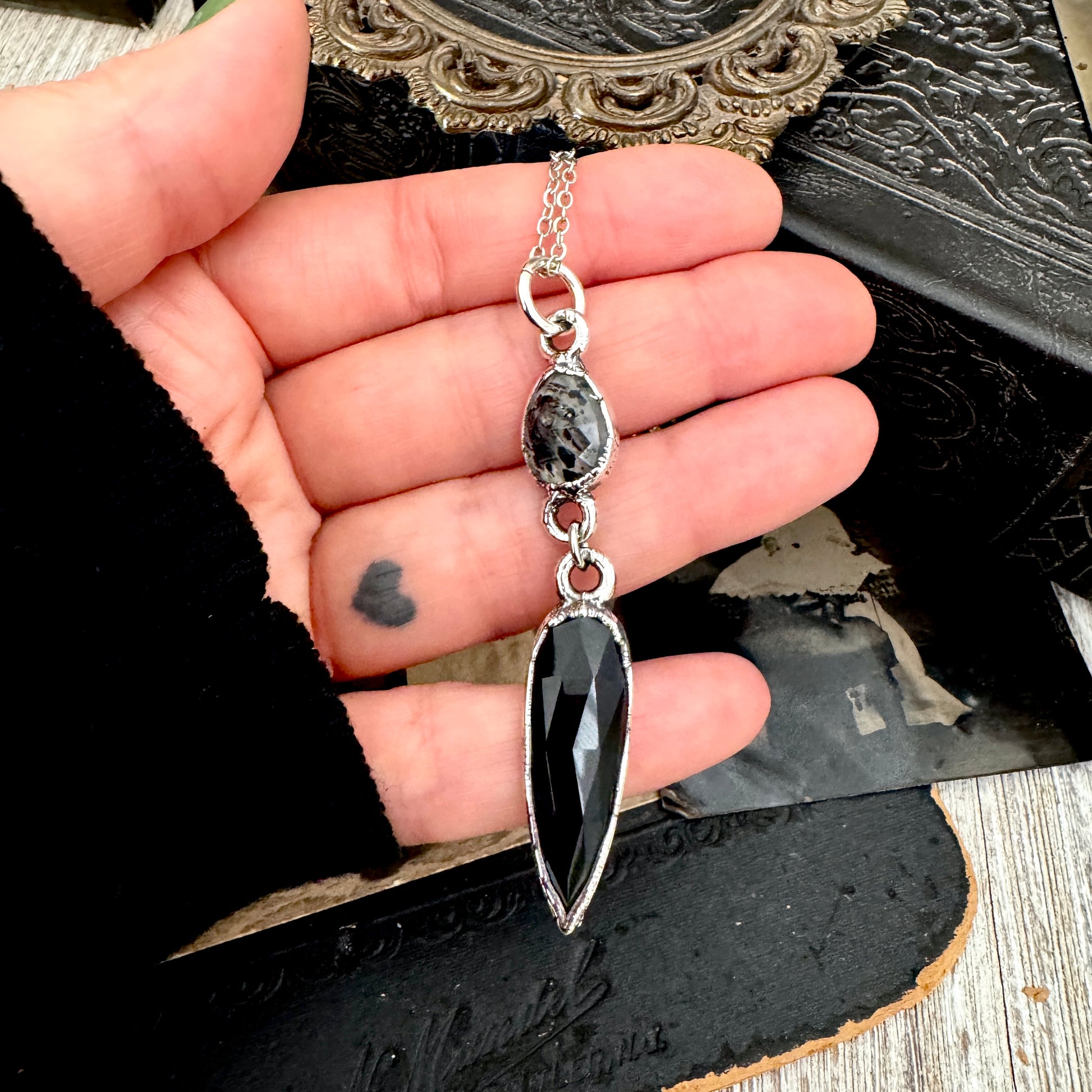 Multi Stone Graphite Included Quarts and Black Onyx Charm Necklace in Fine Silver / Foxlark Collection FOXLARK