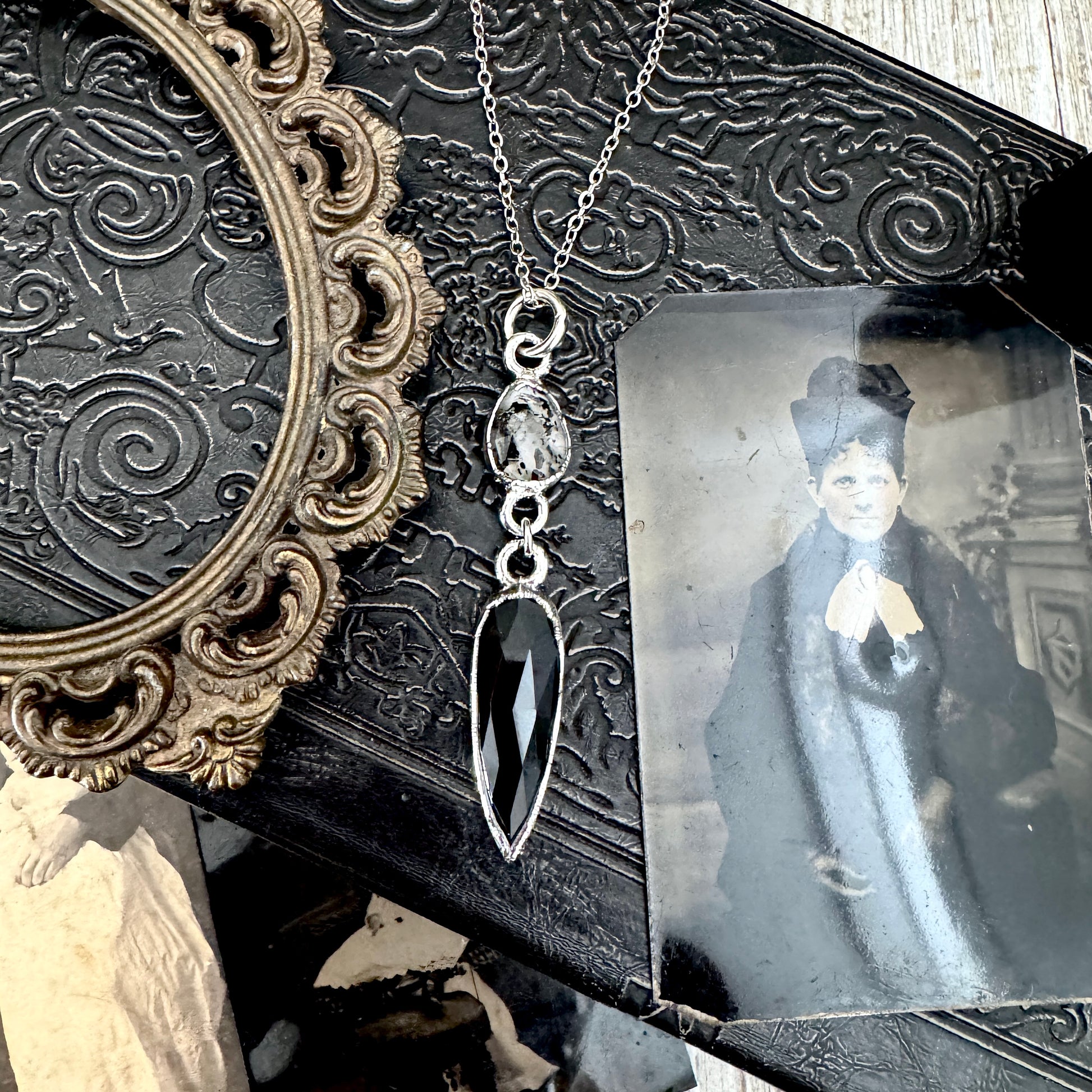 Multi Stone Graphite Included Quarts and Black Onyx Charm Necklace in Fine Silver / Foxlark Collection FOXLARK