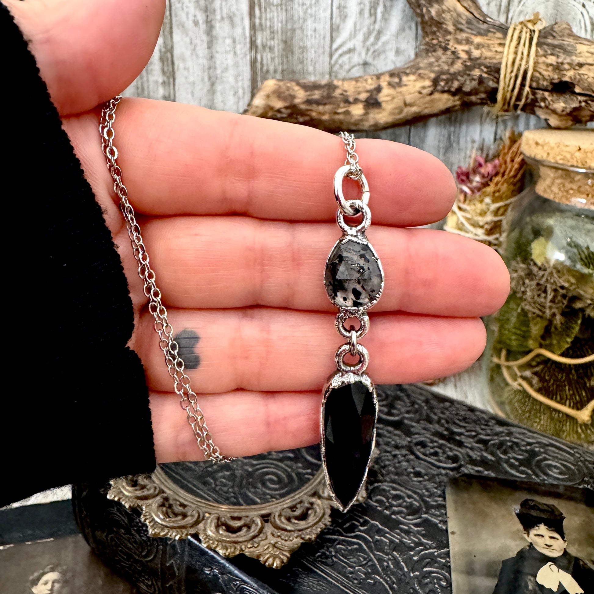 Multi Stone Graphite Included Quarts and Black Onyx Charm Necklace in Fine Silver / Foxlark Collection FOXLARK