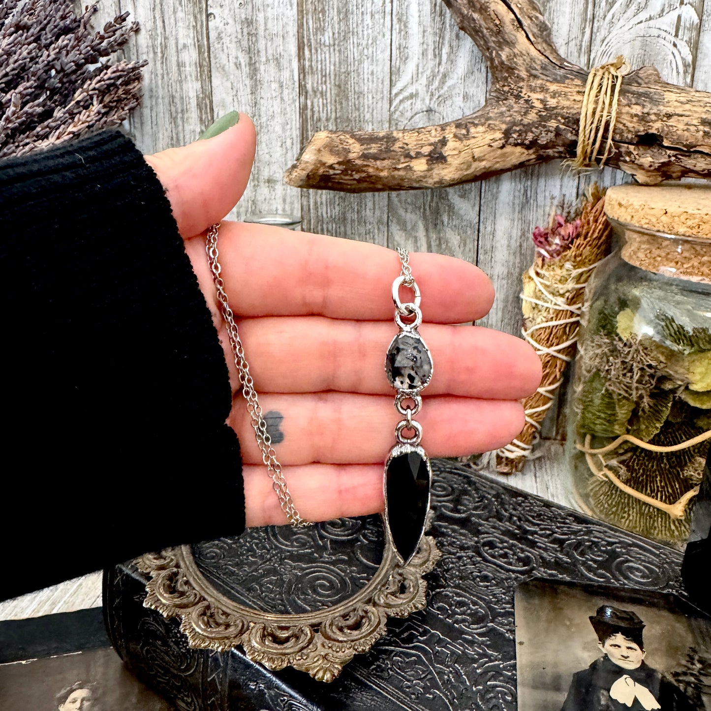 Multi Stone Graphite Included Quarts and Black Onyx Charm Necklace in Fine Silver / Foxlark Collection FOXLARK