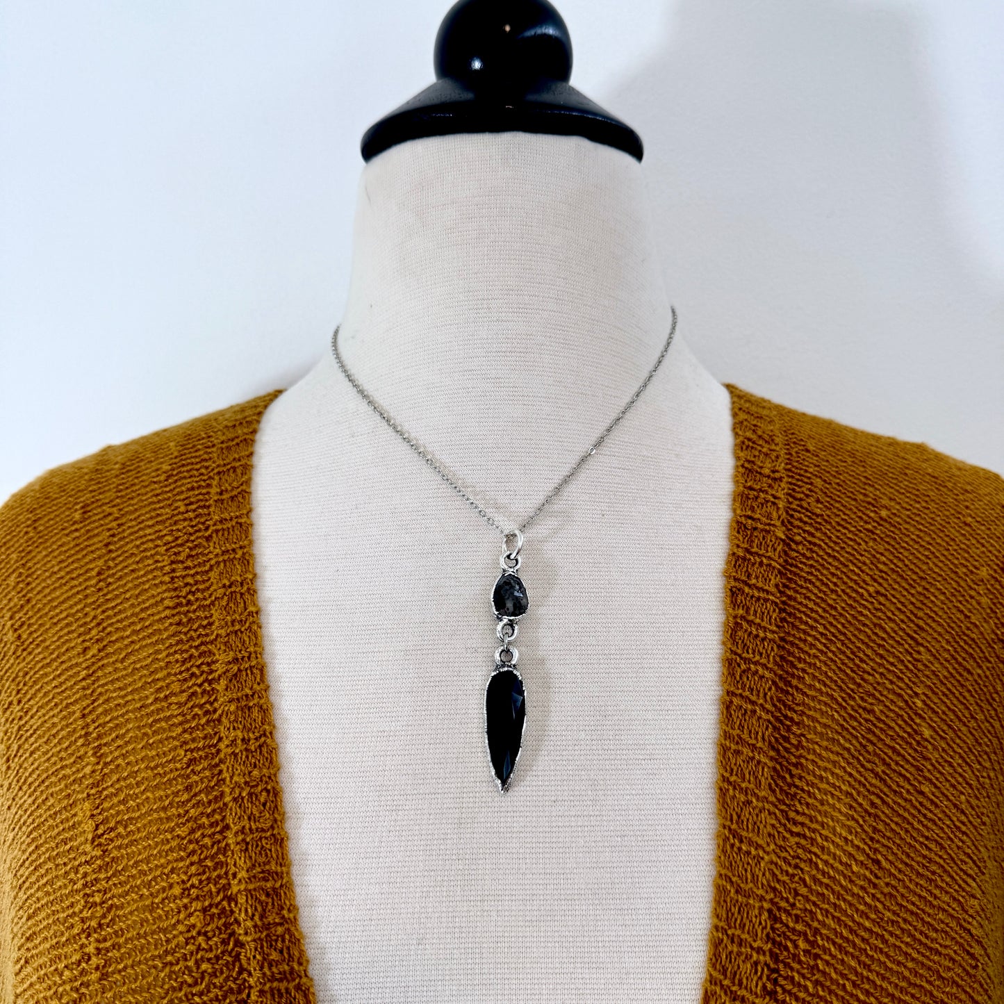 Multi Stone Graphite Included Quarts and Black Onyx Charm Necklace in Fine Silver / Foxlark Collection FOXLARK