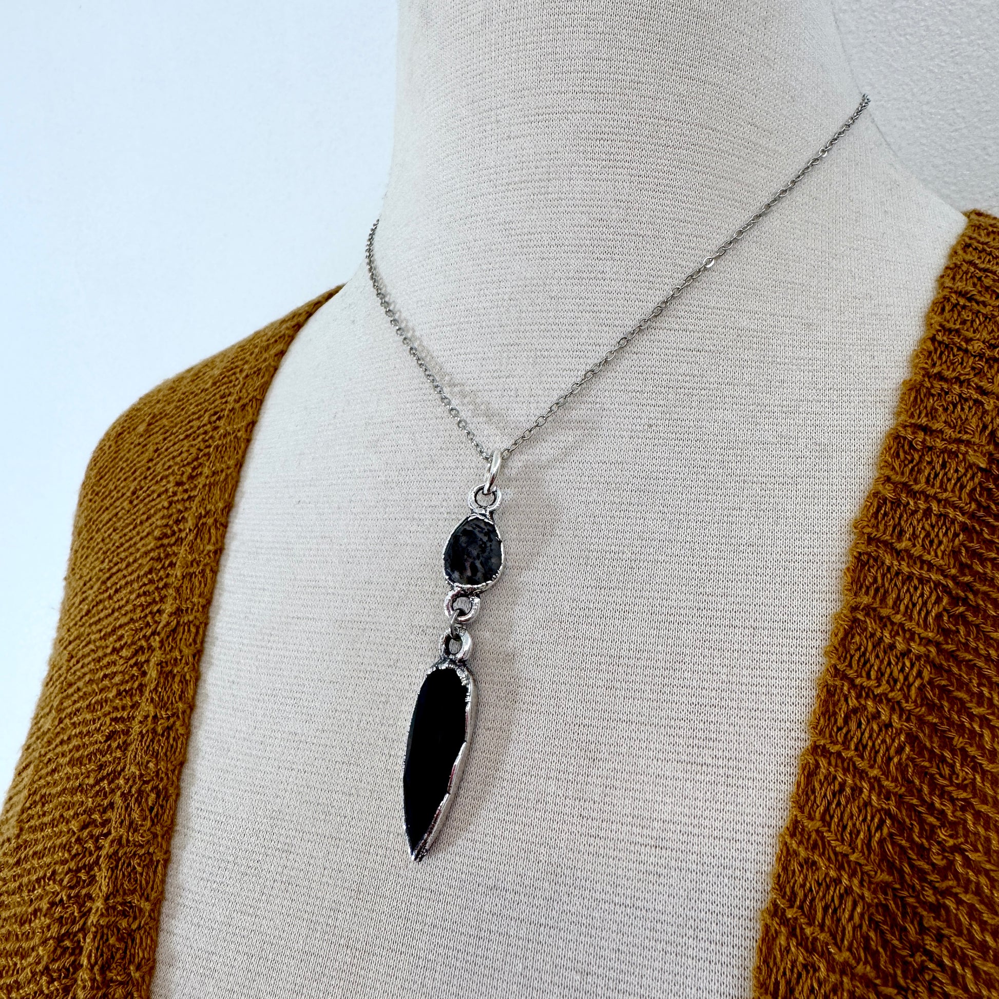 Multi Stone Graphite Included Quarts and Black Onyx Charm Necklace in Fine Silver / Foxlark Collection FOXLARK