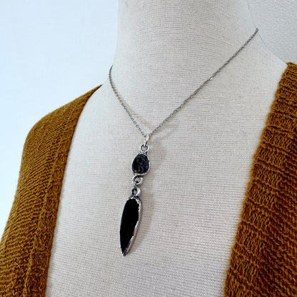 Multi Stone Graphite Included Quarts and Black Onyx Charm Necklace in Fine Silver / Foxlark Collection FOXLARK