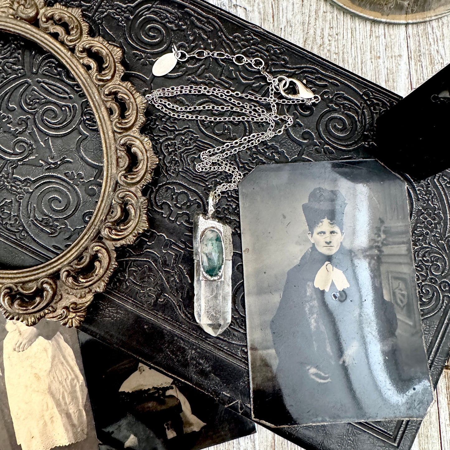 Clear Quartz & Moss Agate Crystal Statement Necklace in Fine Silver / Foxlark Collection - One of a Kind FOXLARK