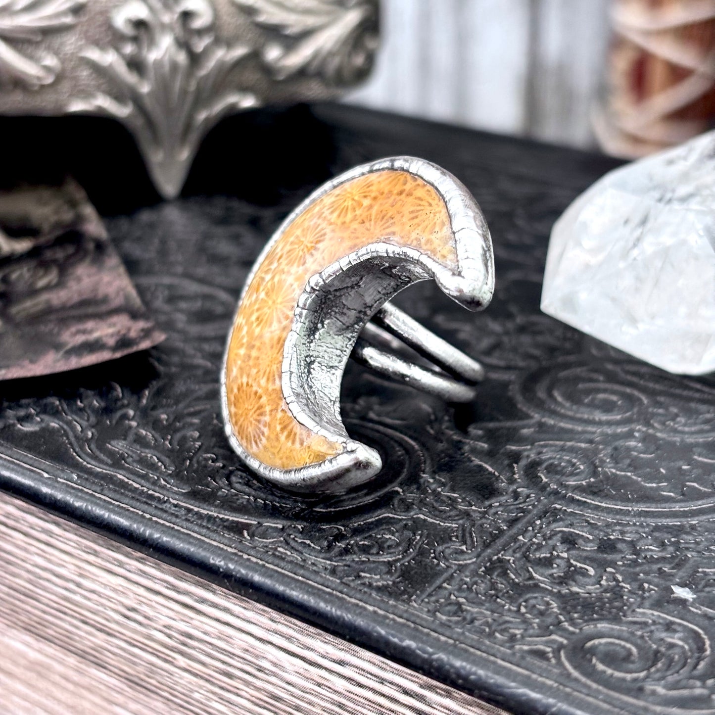 Fossilized Coral Crystal Ring Fine Silver Size 5.5 / Foxlark Collection - One of a Kind