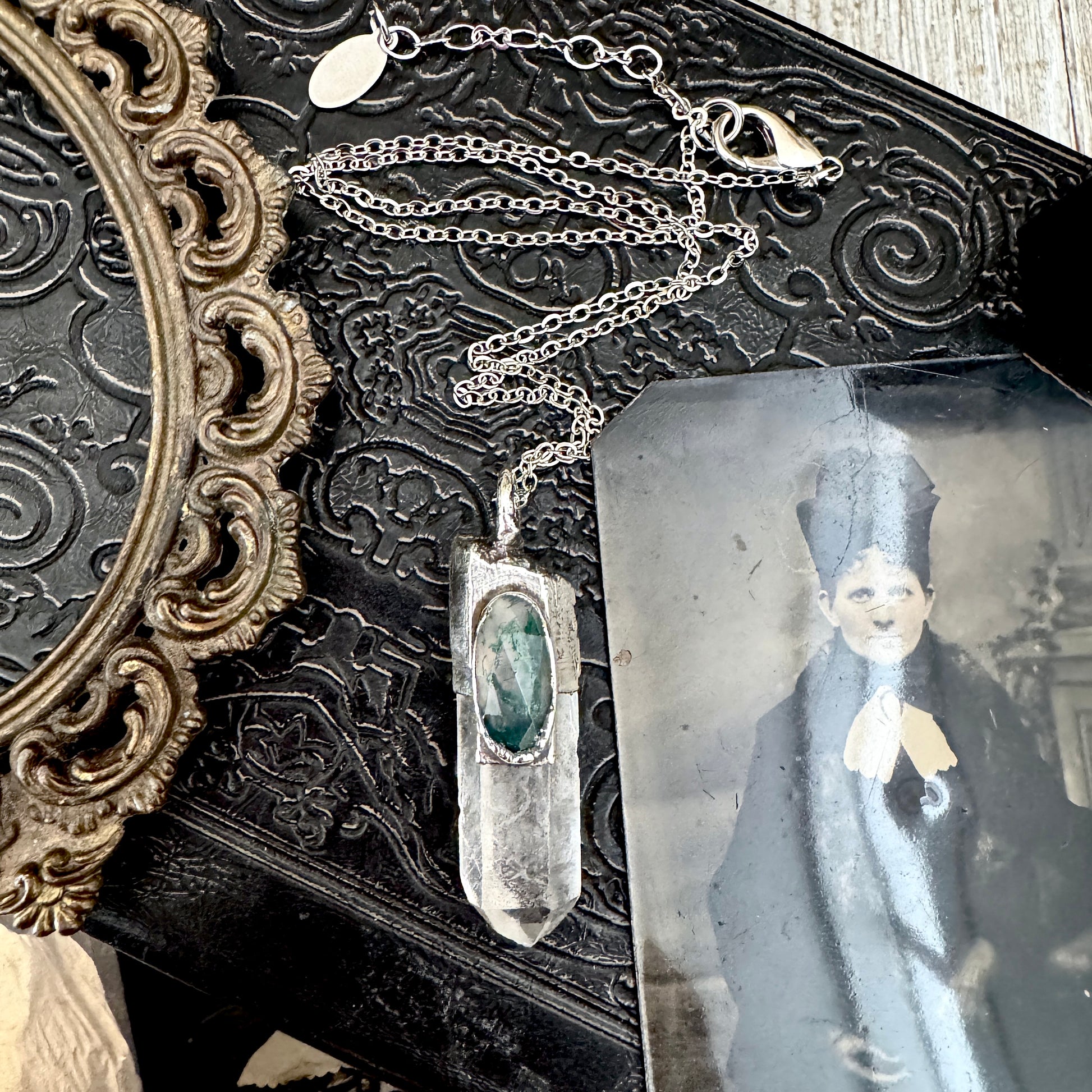 Clear Quartz & Moss Agate Crystal Statement Necklace in Fine Silver / Foxlark Collection - One of a Kind FOXLARK