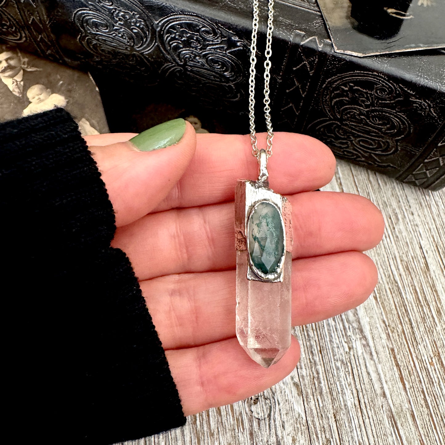 Clear Quartz & Moss Agate Crystal Statement Necklace in Fine Silver / Foxlark Collection - One of a Kind FOXLARK
