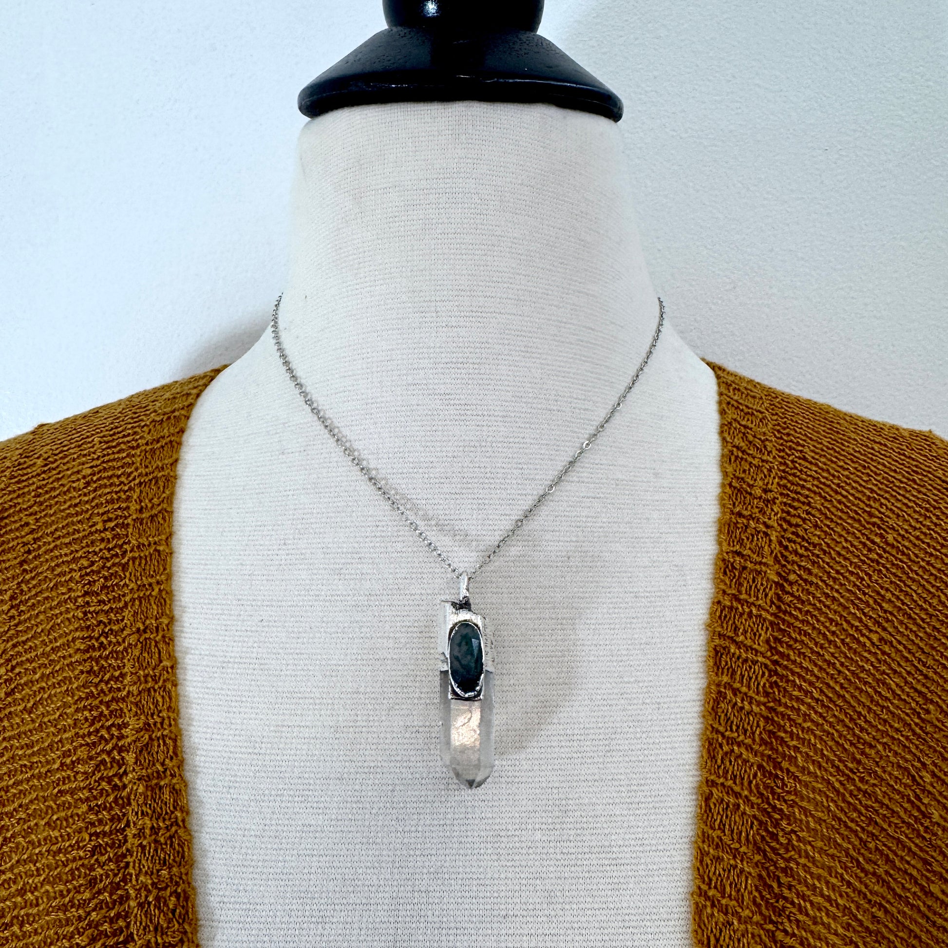 Clear Quartz & Moss Agate Crystal Statement Necklace in Fine Silver / Foxlark Collection - One of a Kind FOXLARK