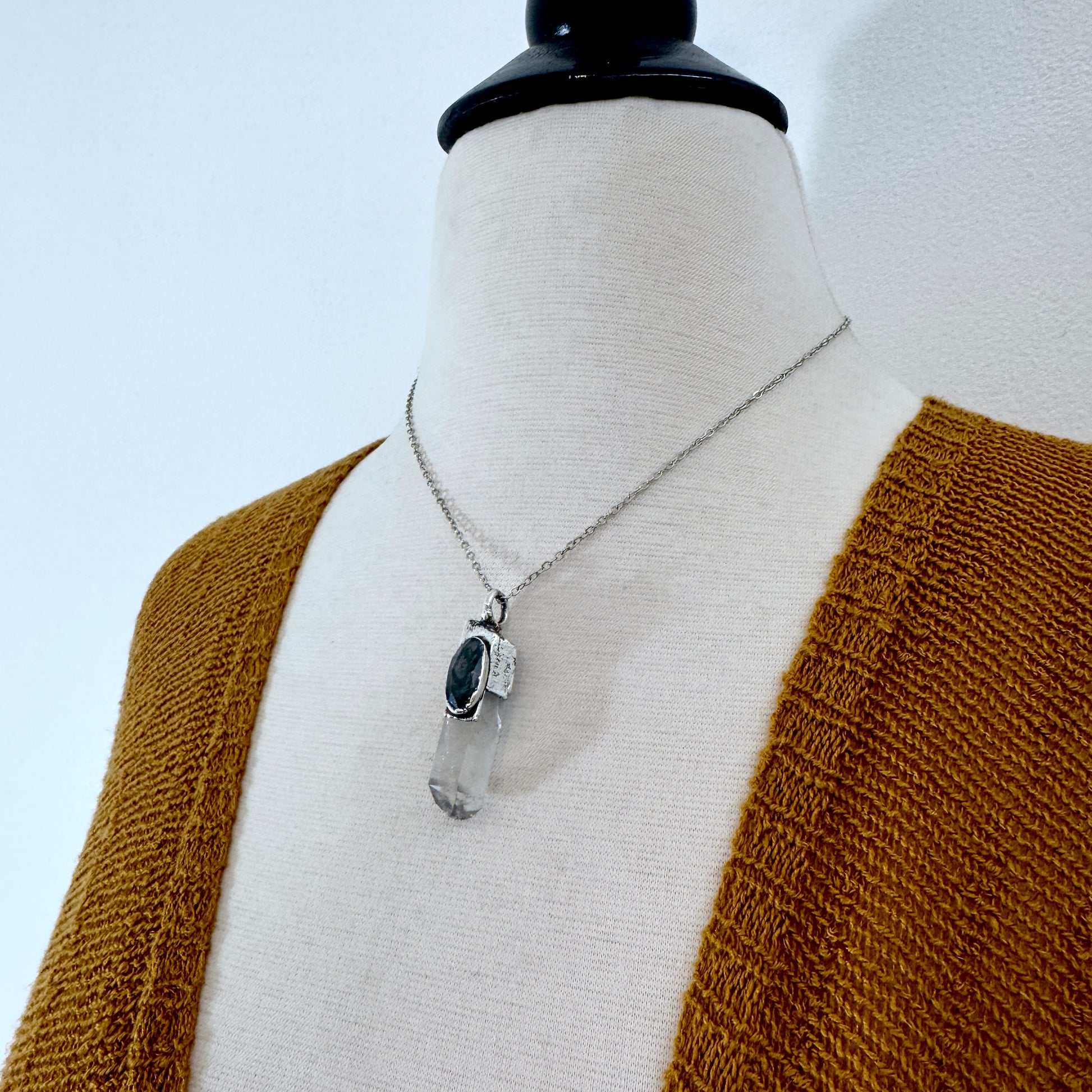 Clear Quartz & Moss Agate Crystal Statement Necklace in Fine Silver / Foxlark Collection - One of a Kind FOXLARK