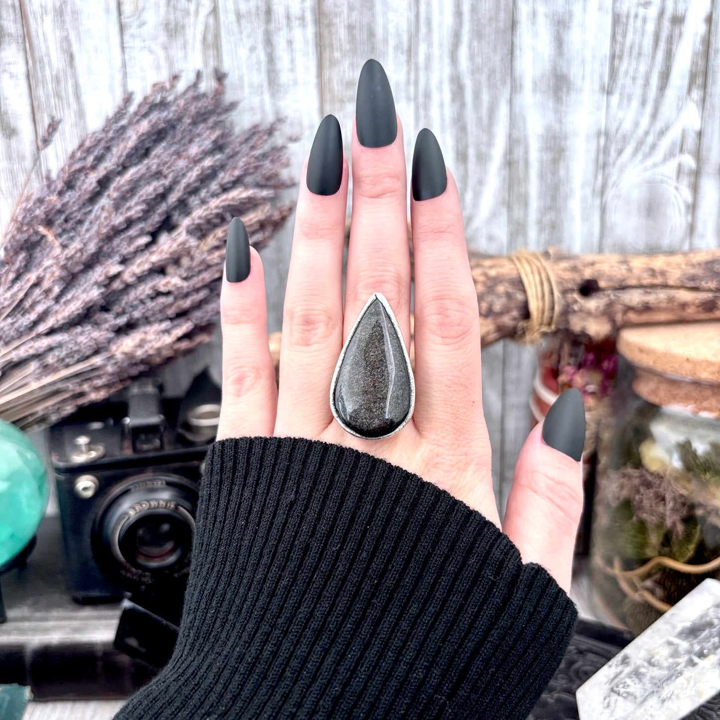 Silver Sheen Obsidian Crystal Ring Fine Silver Size 7.5 / Foxlark Collection - One of a Kind