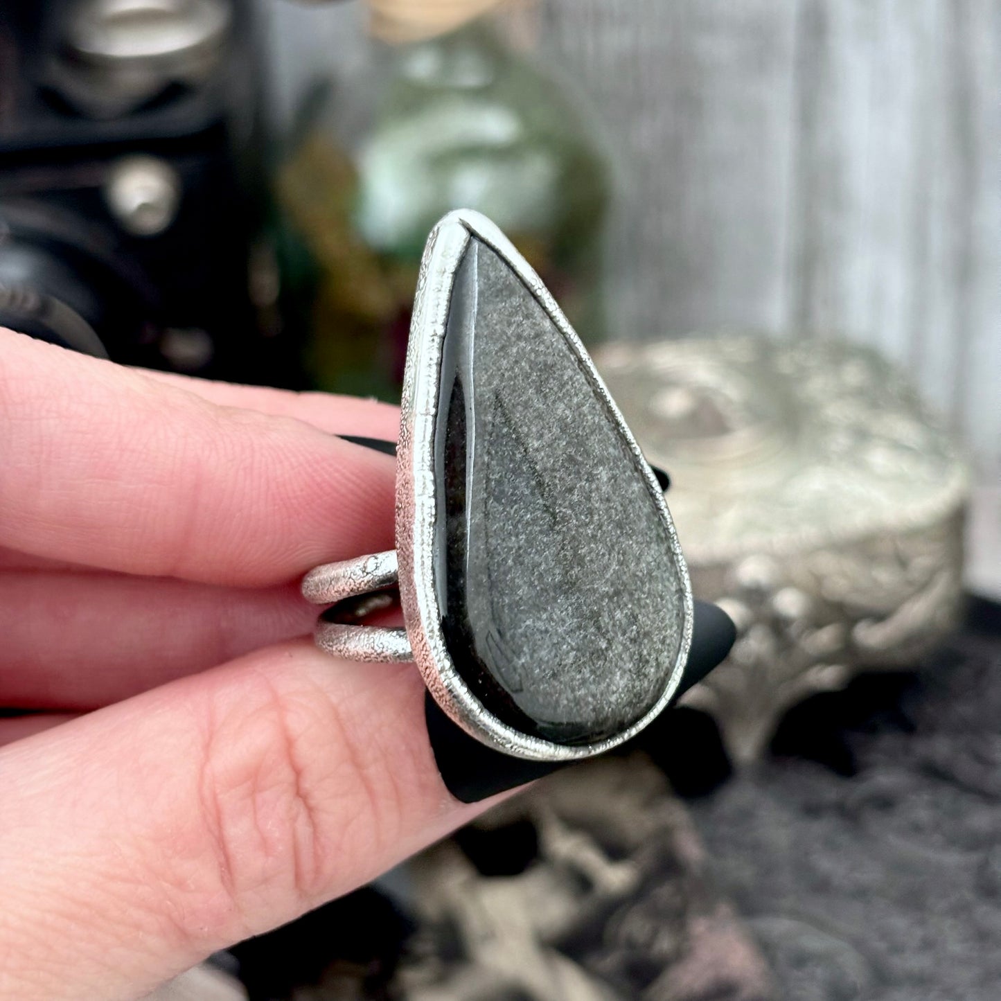 Silver Sheen Obsidian Crystal Ring Fine Silver Size 7.5 / Foxlark Collection - One of a Kind