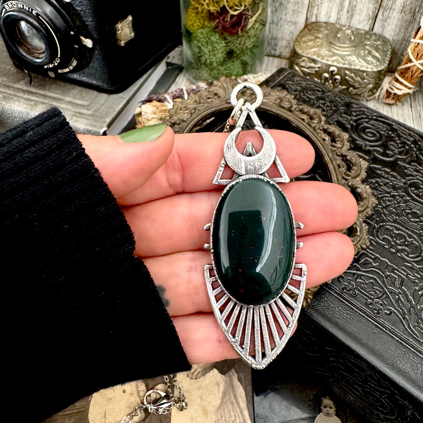Moss & Moon Collection - Bloodstone Statement Necklace in Fine Silver / One of a Kind FOXLARK