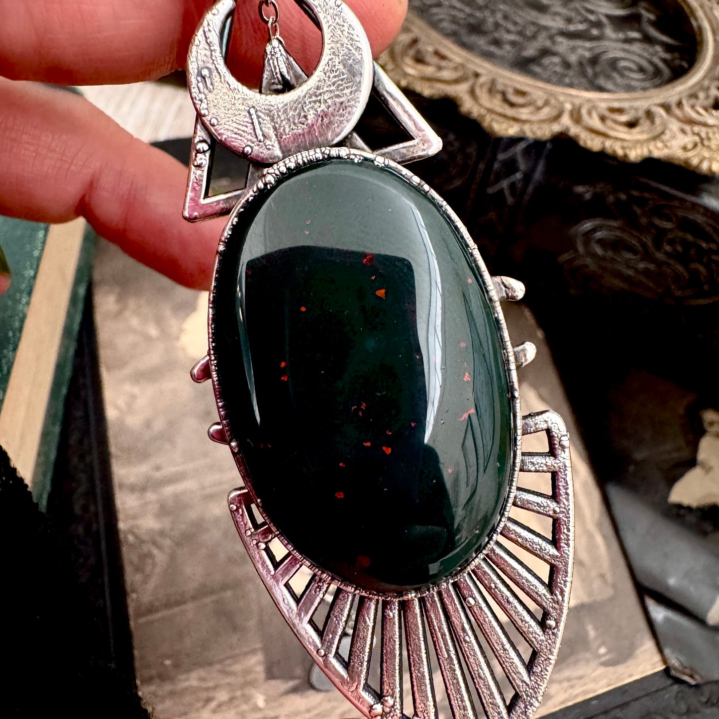Moss & Moon Collection - Bloodstone Statement Necklace in Fine Silver / One of a Kind FOXLARK