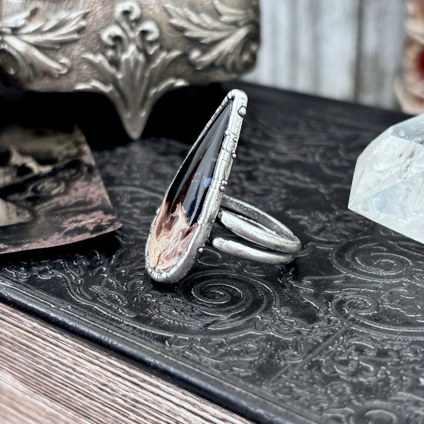 Fossilized Palm Root Crystal Ring Fine Silver Size 8.5 / Foxlark Collection - One of a Kind
