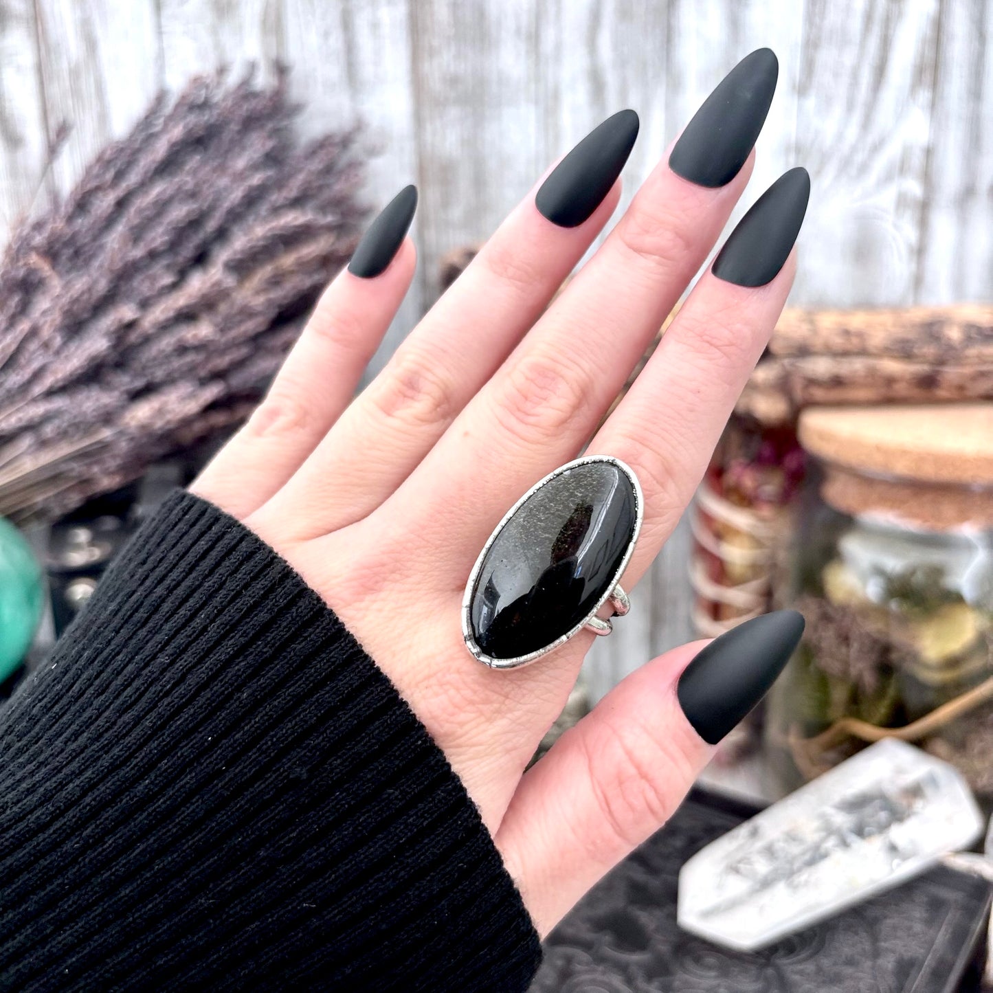 Golden  Sheen Obsidian Crystal Ring Fine Silver Size 7 / Foxlark Collection - One of a Kind