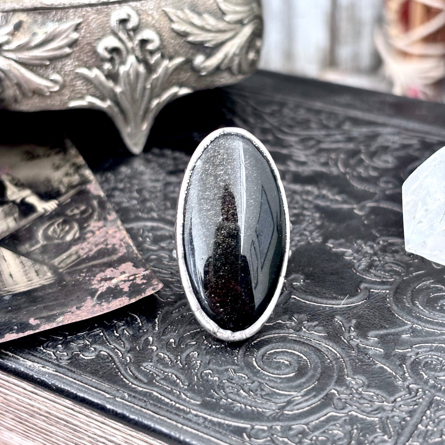 Golden  Sheen Obsidian Crystal Ring Fine Silver Size 7 / Foxlark Collection - One of a Kind