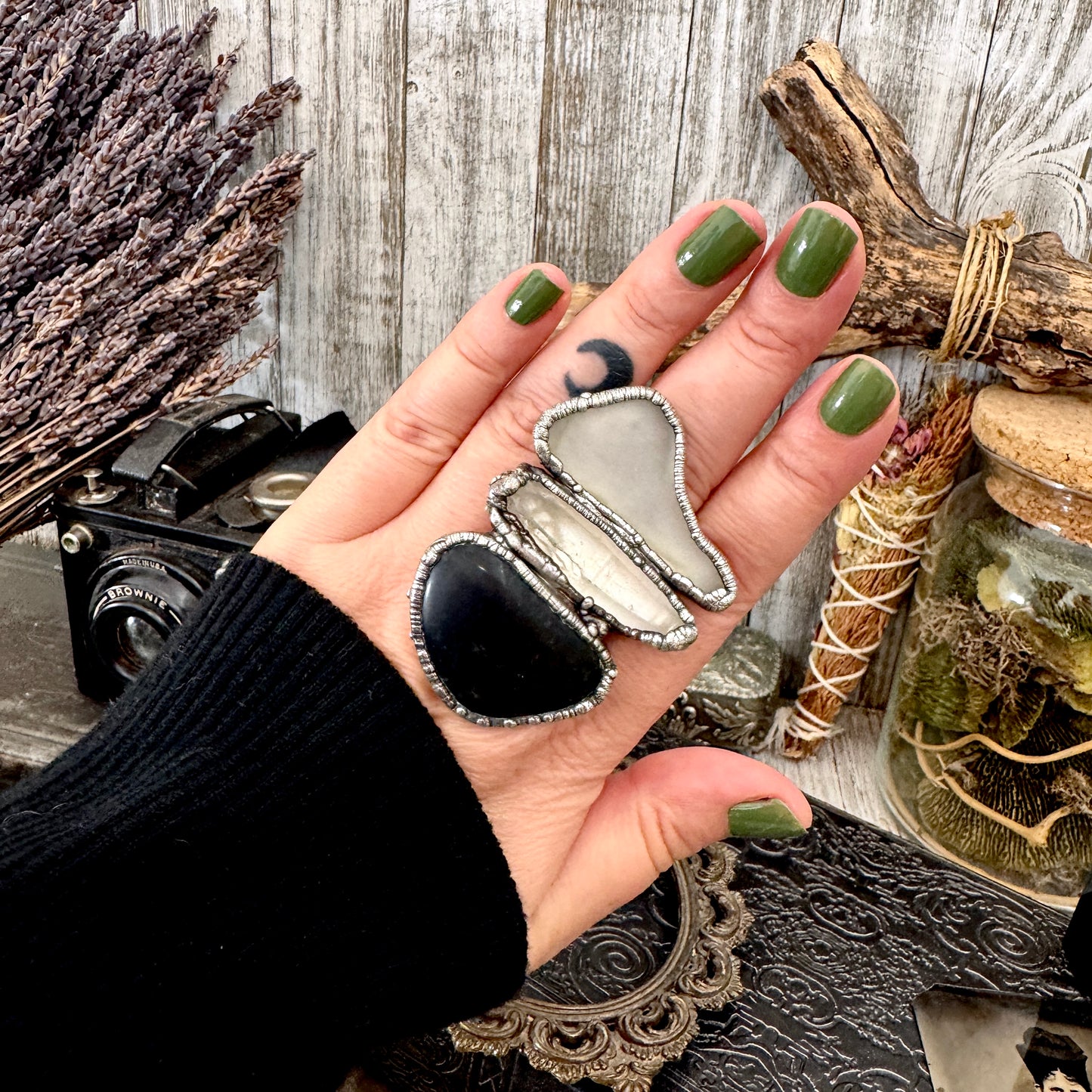 Multi Stone River Rock Clear Quartz and Sea-glass Ring In Silver Size 8.5 / Foxlark Collection FOXLARK