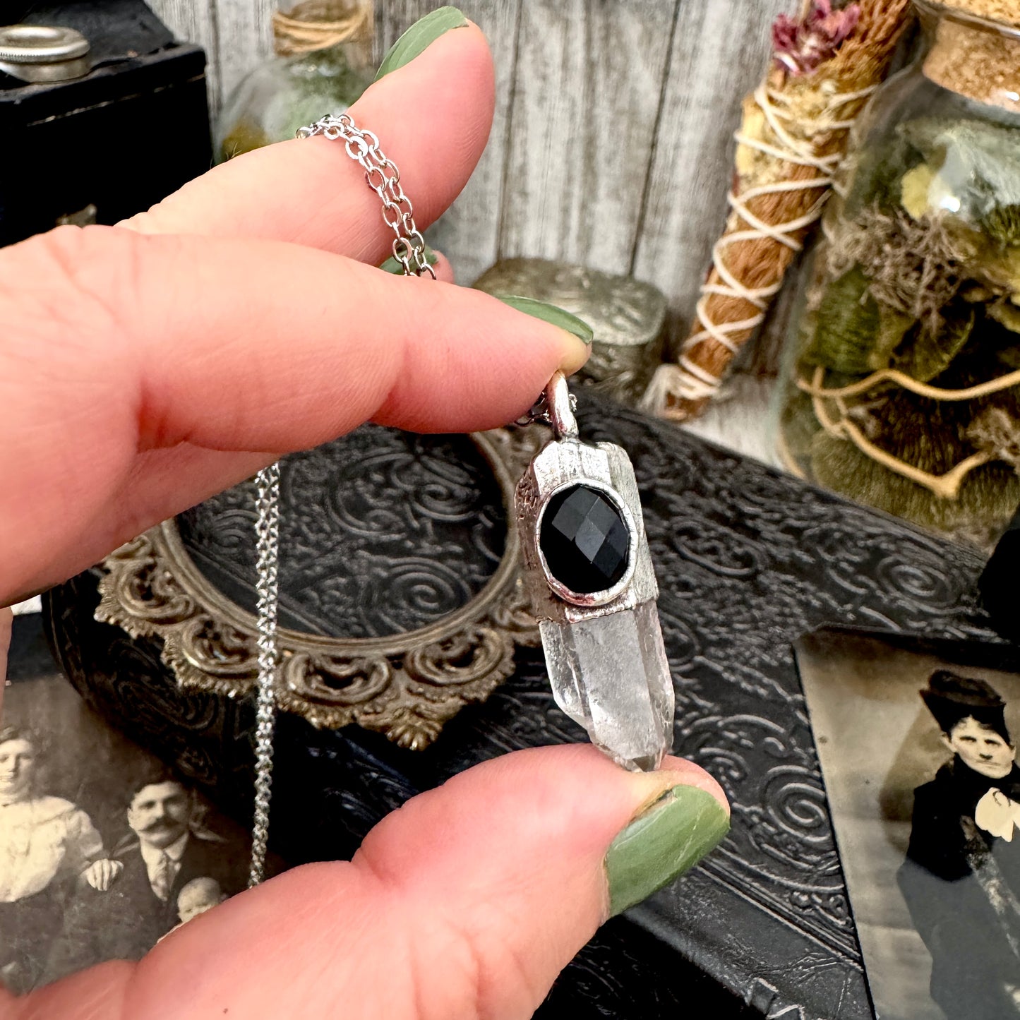 Raw Clear Quartz & Black Onyx Crystal Statement Necklace in Fine Silver / Foxlark Collection - One of a Kind