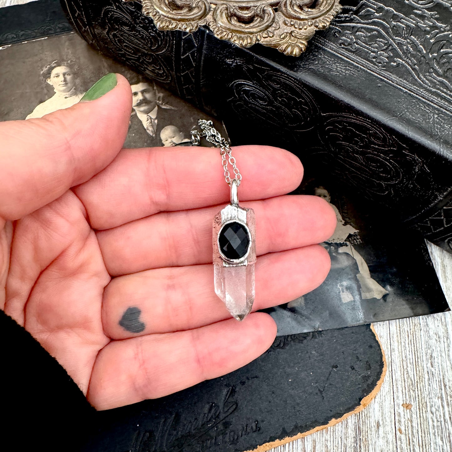 Raw Clear Quartz & Black Onyx Crystal Statement Necklace in Fine Silver / Foxlark Collection - One of a Kind