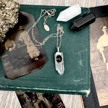 Raw Clear Quartz & Black Onyx Crystal Statement Necklace in Fine Silver / Foxlark Collection - One of a Kind