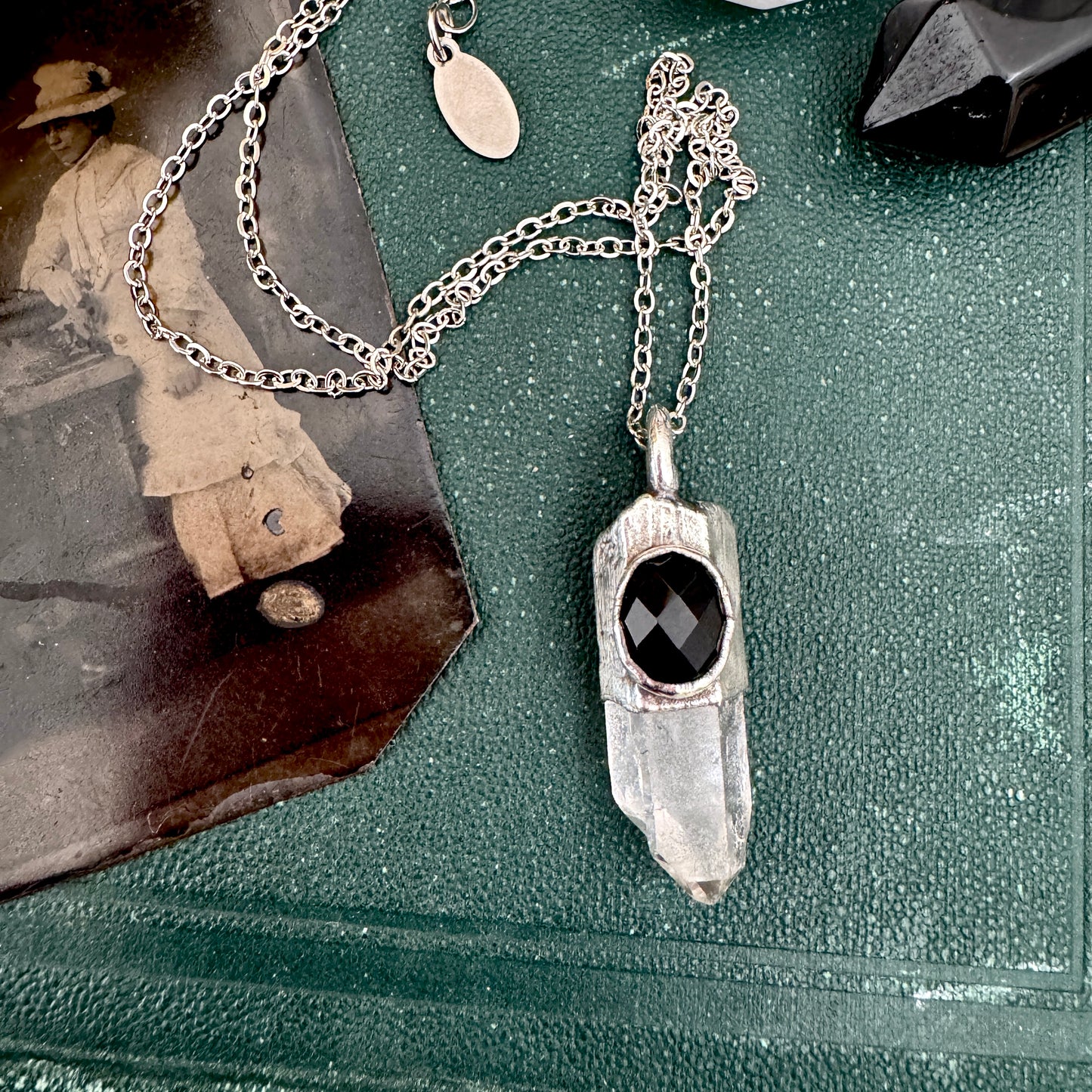 Raw Clear Quartz & Black Onyx Crystal Statement Necklace in Fine Silver / Foxlark Collection - One of a Kind