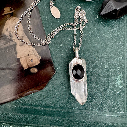 Raw Clear Quartz & Black Onyx Crystal Statement Necklace in Fine Silver / Foxlark Collection - One of a Kind