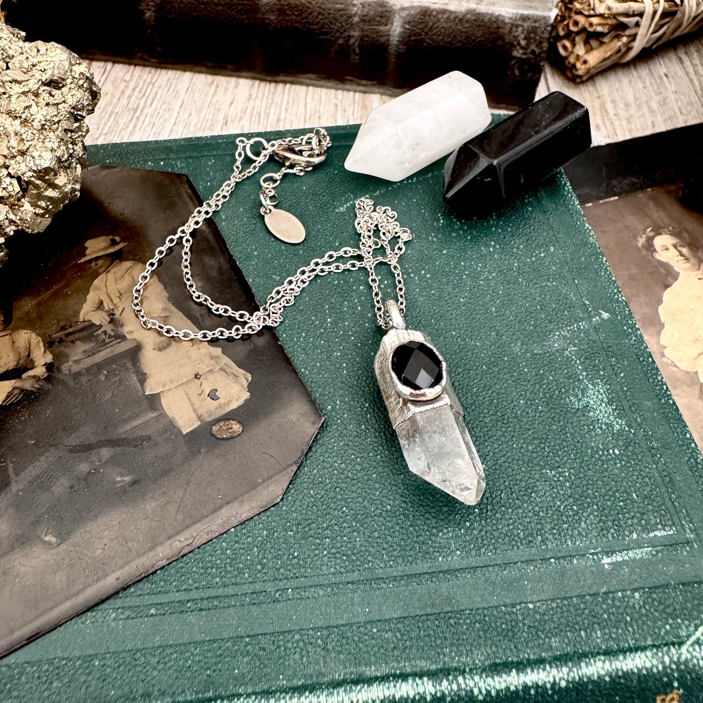 Raw Clear Quartz & Black Onyx Crystal Statement Necklace in Fine Silver / Foxlark Collection - One of a Kind