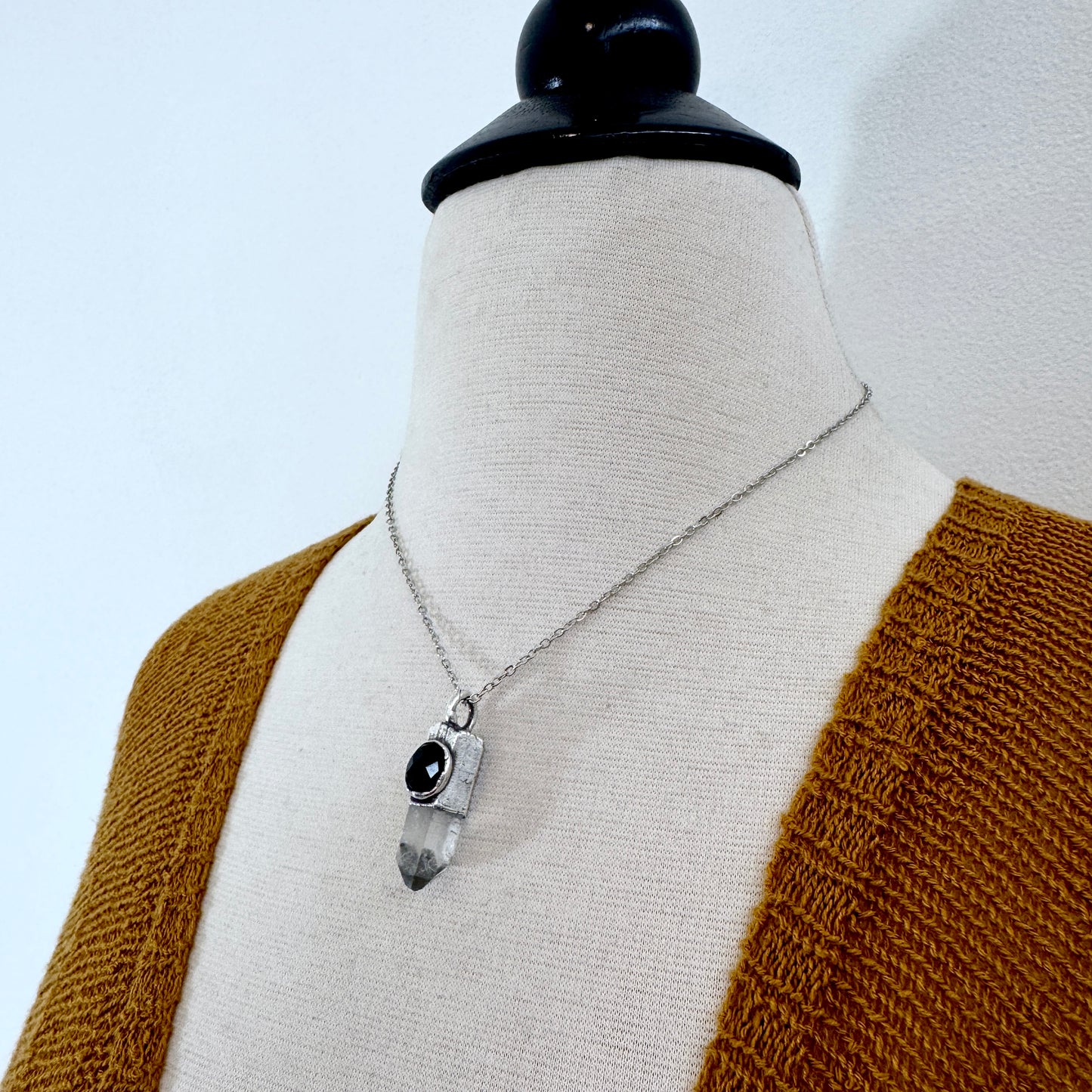 Raw Clear Quartz & Black Onyx Crystal Statement Necklace in Fine Silver / Foxlark Collection - One of a Kind