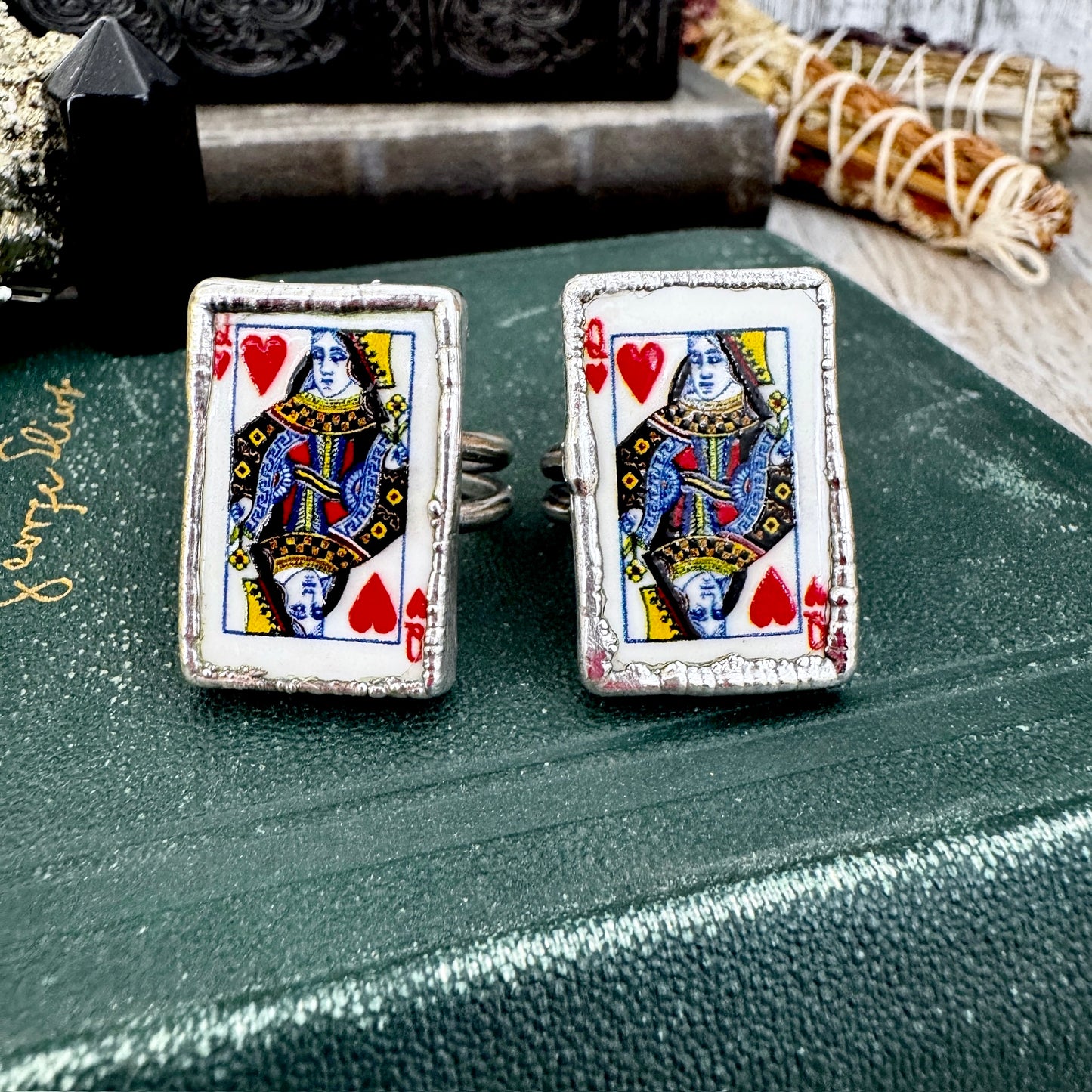 Playing Games - Queen Of Hearts Playing Card Ring Fine Silver Size 9 11 / One of a Kind