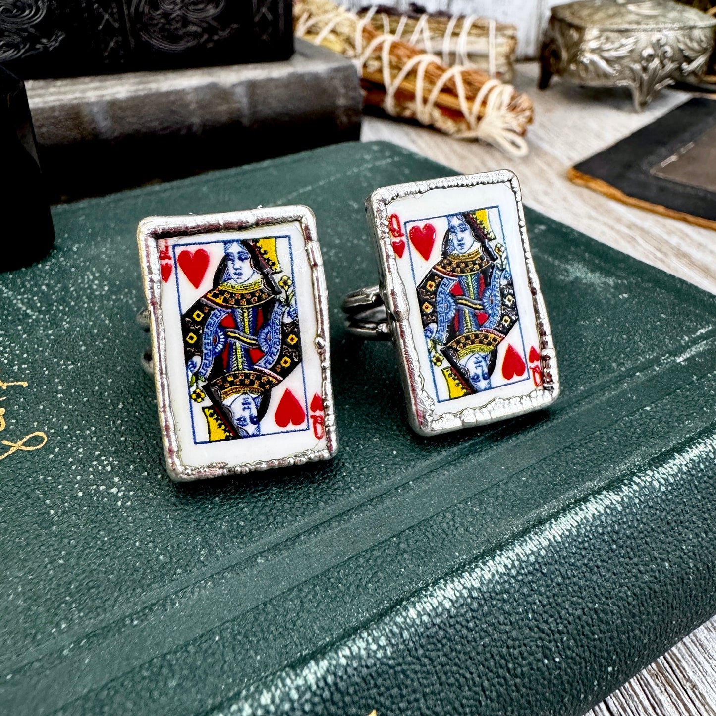 Playing Games - Queen Of Hearts Playing Card Ring Fine Silver Size 9 11 / One of a Kind