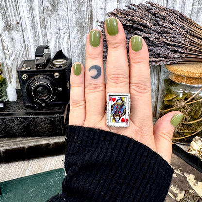 Playing Games - Queen Of Hearts Playing Card Ring Fine Silver Size 9 11 / One of a Kind