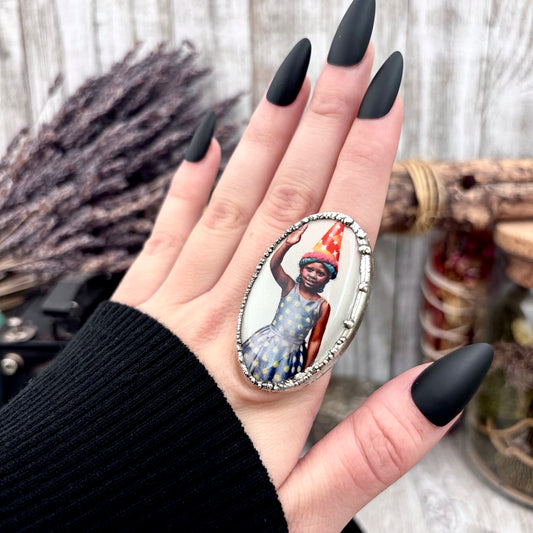 The Weirdlings - Printed Wooden Cabochon (resin sealed) Ring Fine Silver Size 7.5 / One of a Kind