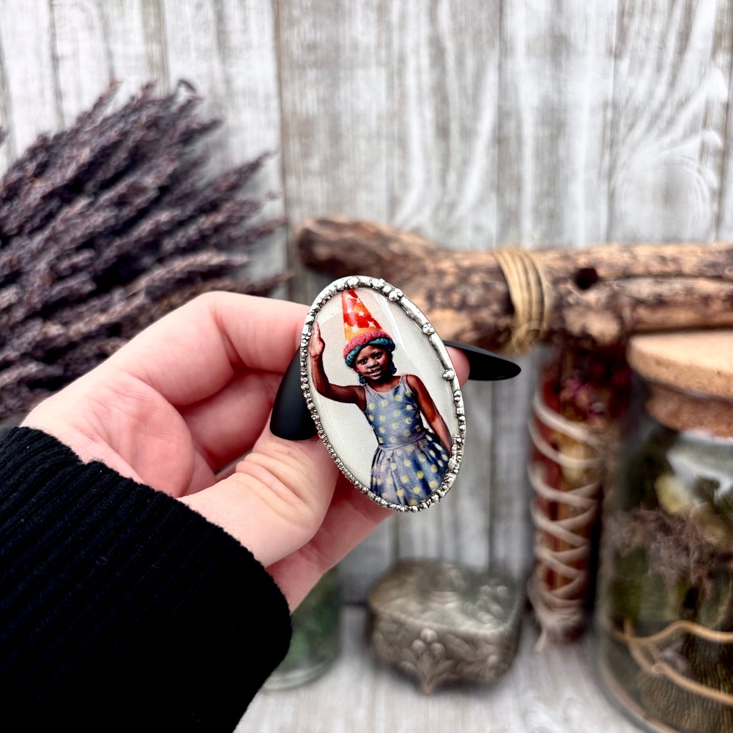 The Weirdlings - Printed Wooden Cabochon (resin sealed) Ring Fine Silver Size 7.5 / One of a Kind