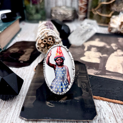 The Weirdlings - Printed Wooden Cabochon (resin sealed) Ring Fine Silver Size 7.5 / One of a Kind