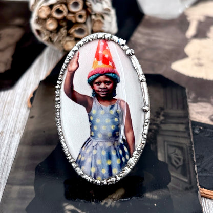 The Weirdlings - Printed Wooden Cabochon (resin sealed) Ring Fine Silver Size 7.5 / One of a Kind