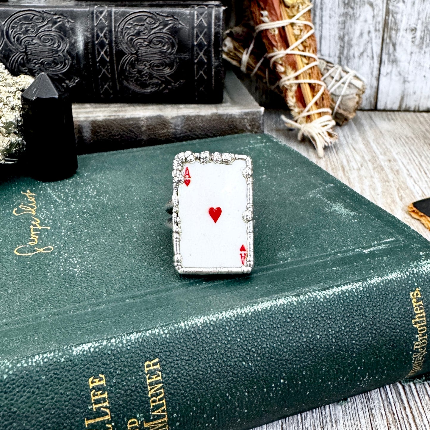 Playing Games - Ace Of Hearts Playing Card Ring Fine Silver Size 8.5 10 / One of a Kind.