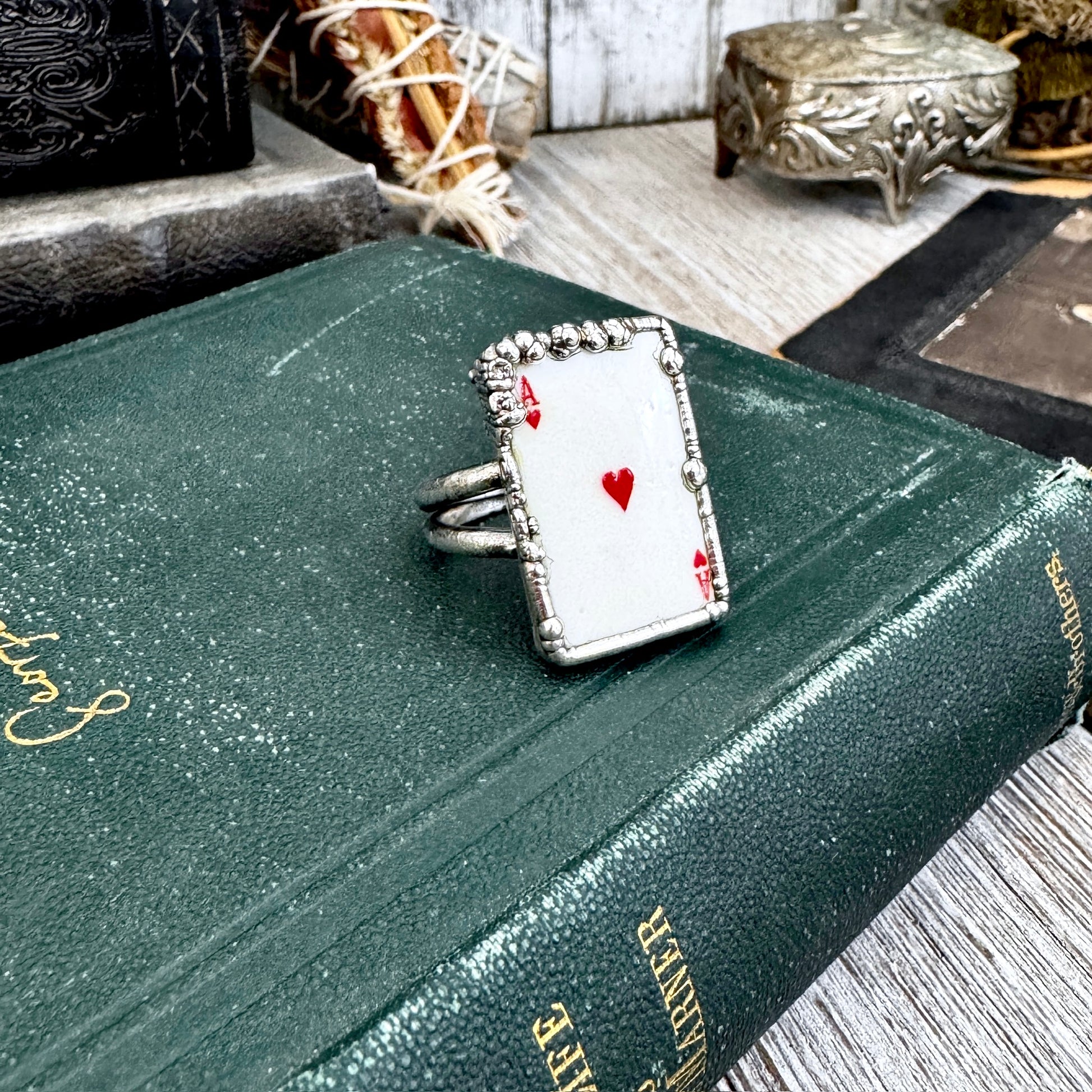 Playing Games - Ace Of Hearts Playing Card Ring Fine Silver Size 8.5 10 / One of a Kind.