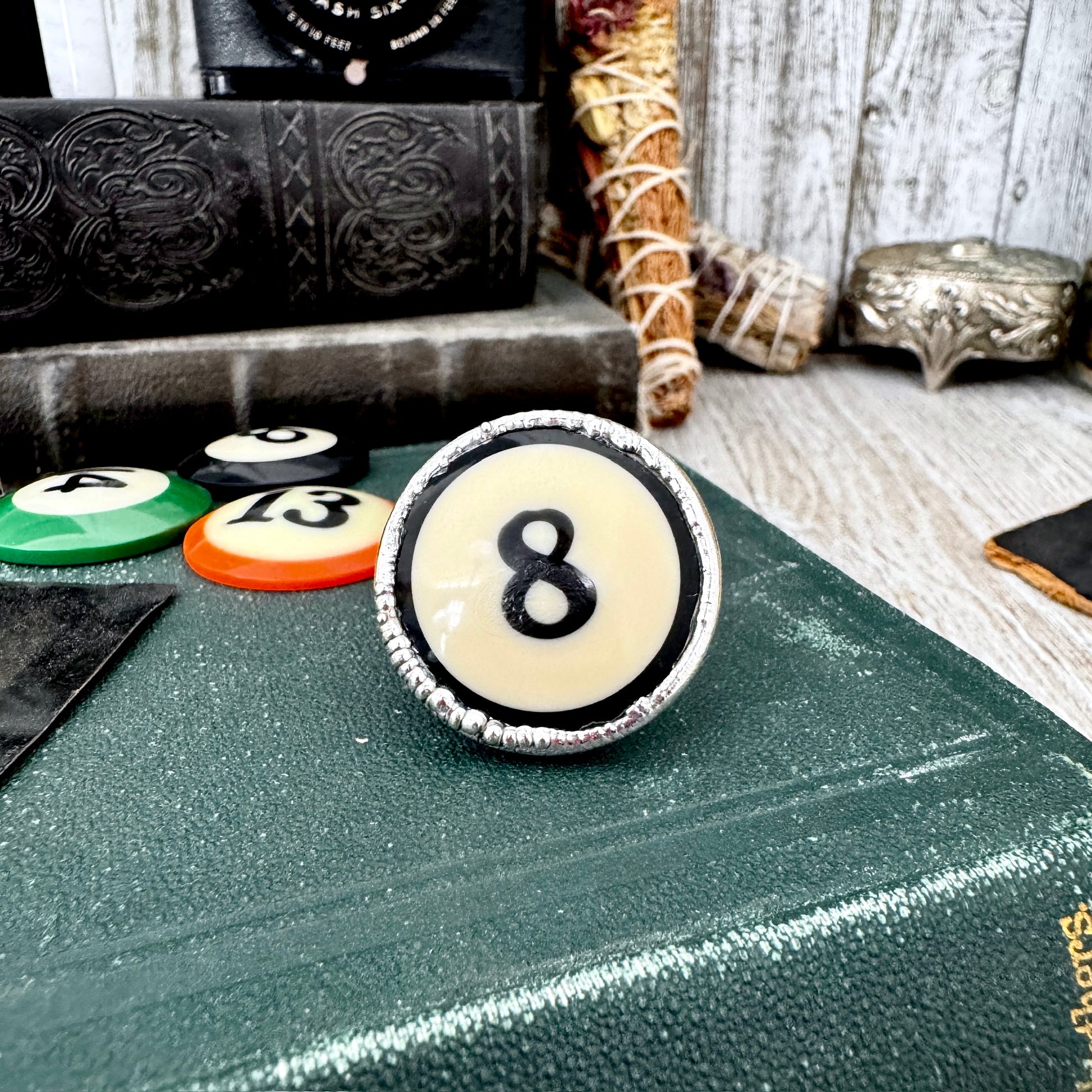 Playing Games - #8 Vintage Pool Ball Ring Fine Silver Size 8 / One of a Kind FOXLARK