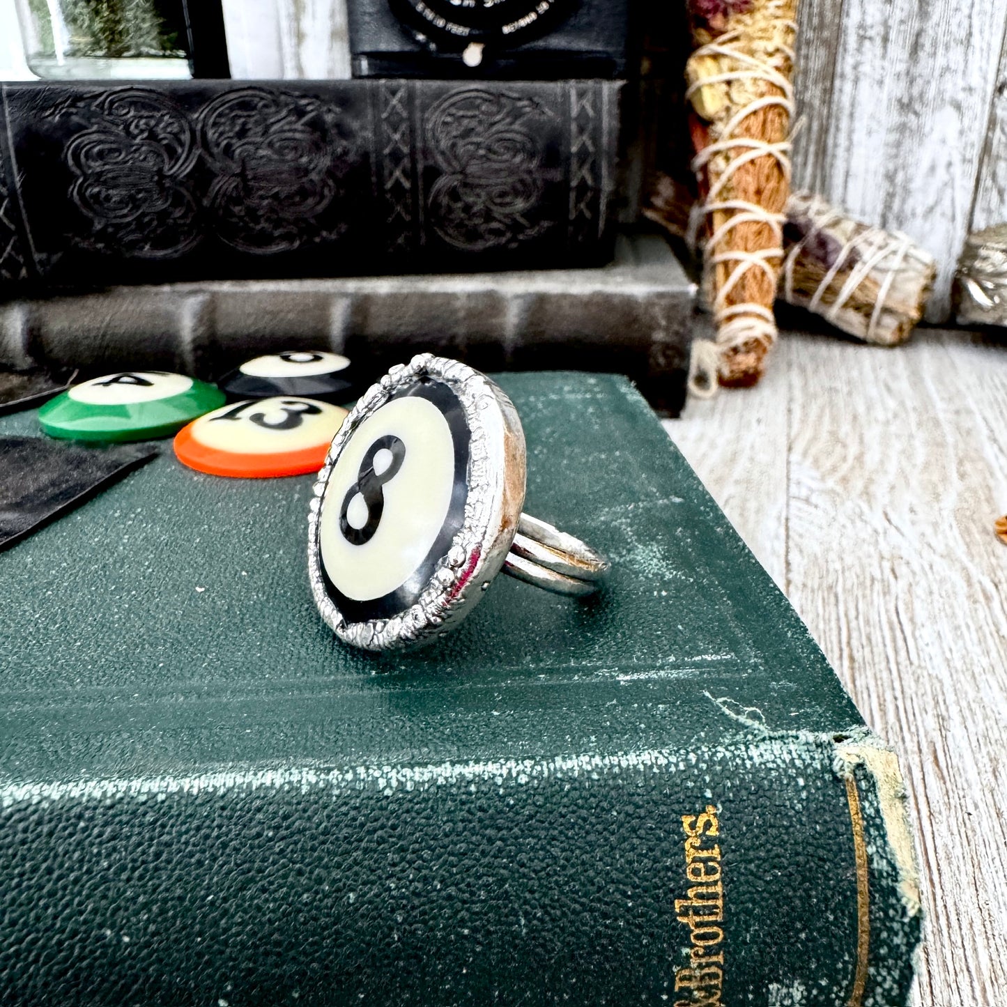 Playing Games - #8 Vintage Pool Ball Ring Fine Silver Size 10 / One of a Kind FOXLARK