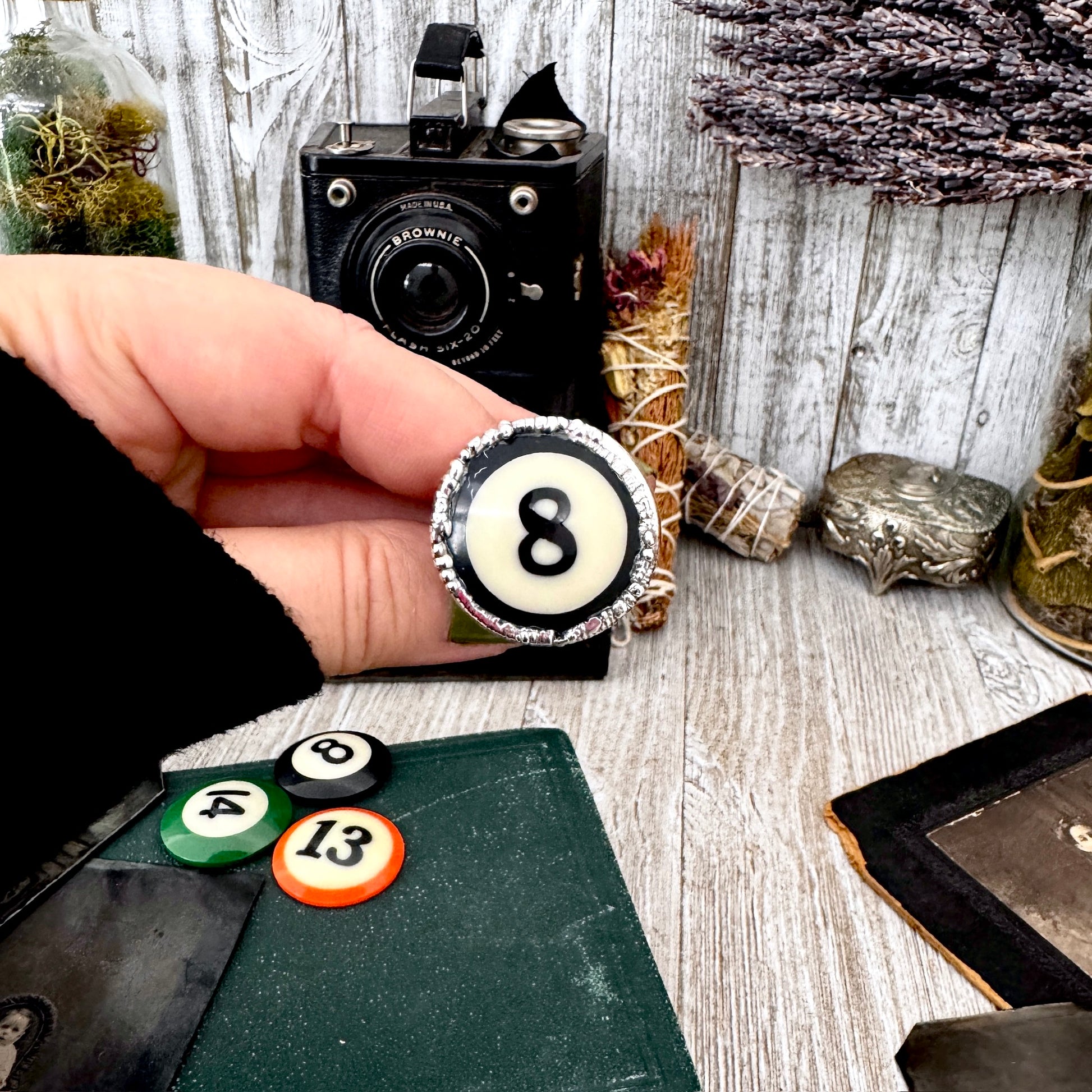 Playing Games - #8 Vintage Pool Ball Ring Fine Silver Size 10 / One of a Kind FOXLARK