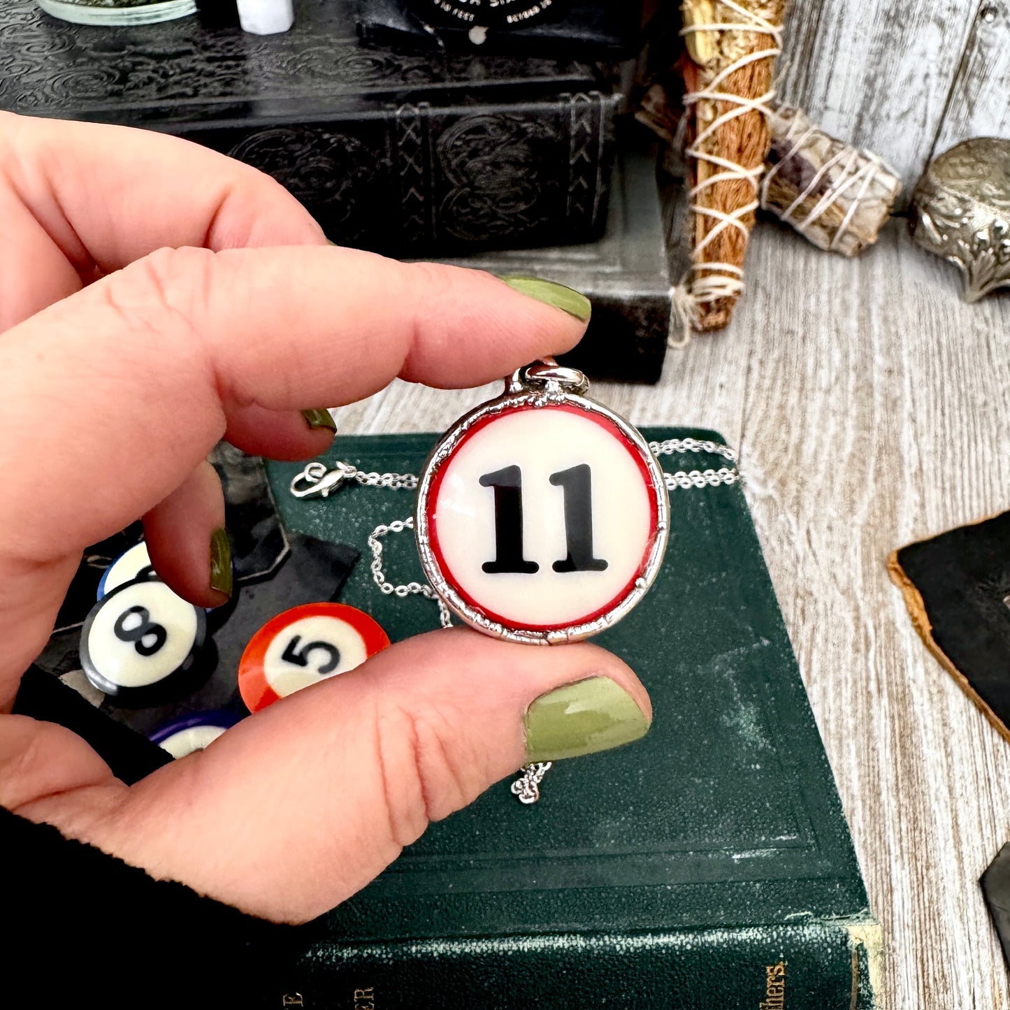 Playing Games - #11 Vintage Pool Ball Necklace Fine Silver - One of a Kind.
