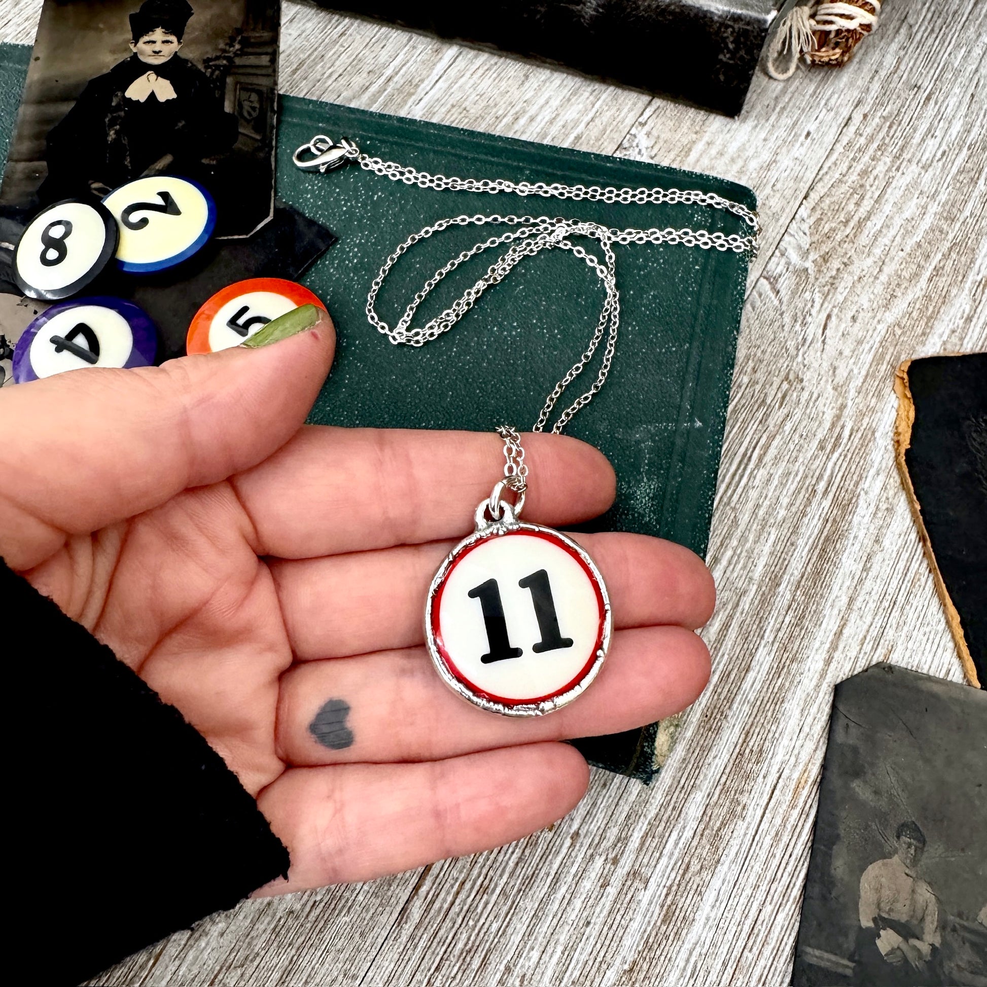 Playing Games - #11 Vintage Pool Ball Necklace Fine Silver - One of a Kind.