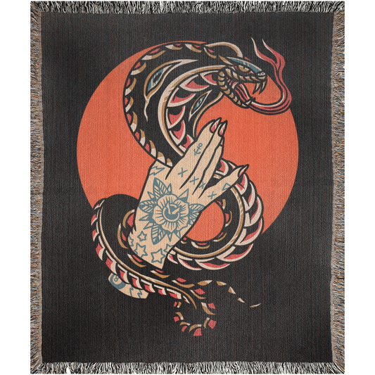 Black Cobra Traditional Tattoo Style Woven Fringe Blanket / / Wall tapestry, throw for sofa, maximalist decor, tattoo home decor