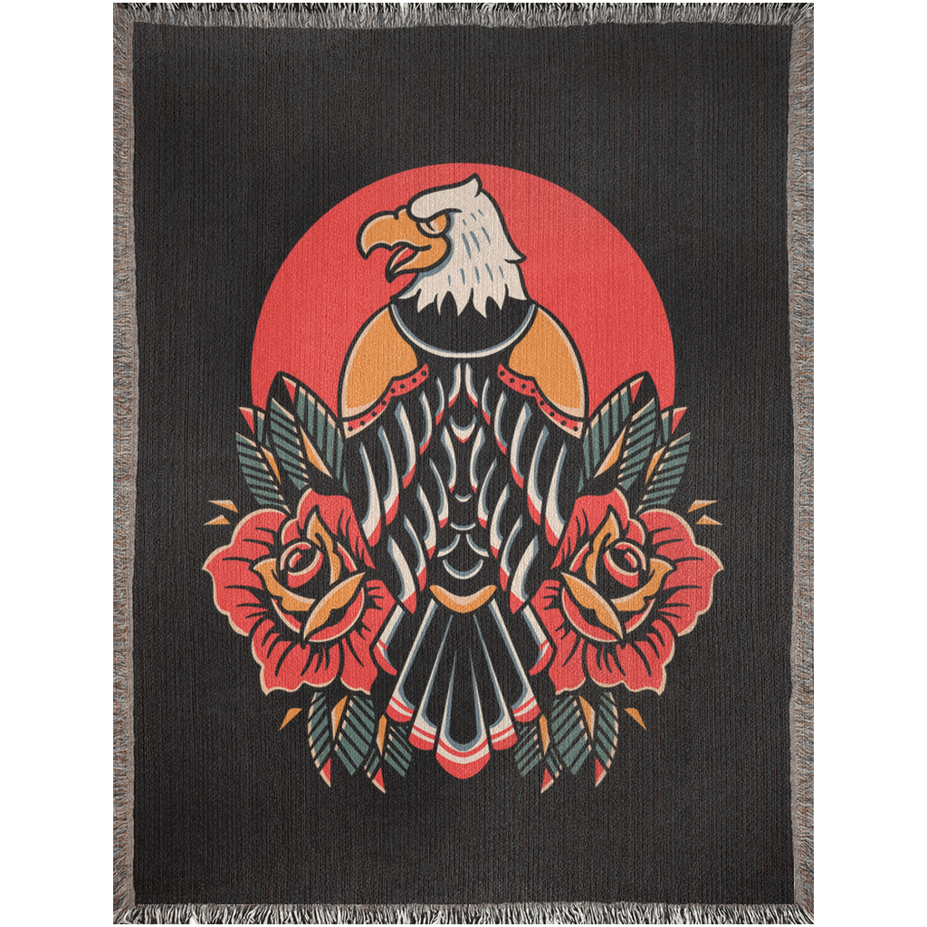 Eagle and Roses Traditional Tattoo Style Woven Fringe Blanket / / Wall tapestry, throw for sofa, maximalist decor, tattoo home decor