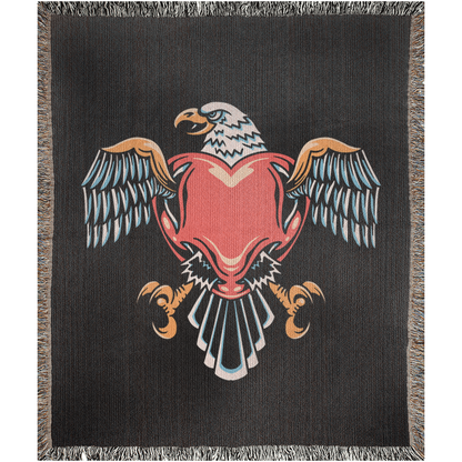 Eagle inside Heart Traditional Tattoo Style Woven Fringe Blanket / / Wall tapestry, throw for sofa, maximalist decor, tattoo home decor